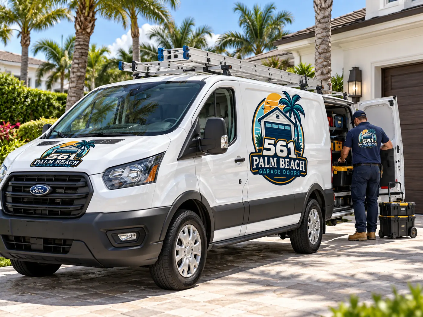 White 561 Palm Beach Garage Doors van with the company logo, parked in a driveway lined with palms