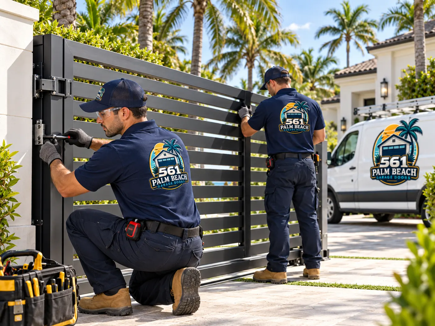 Two technicians servicing a modern horizontal-slat sliding gate