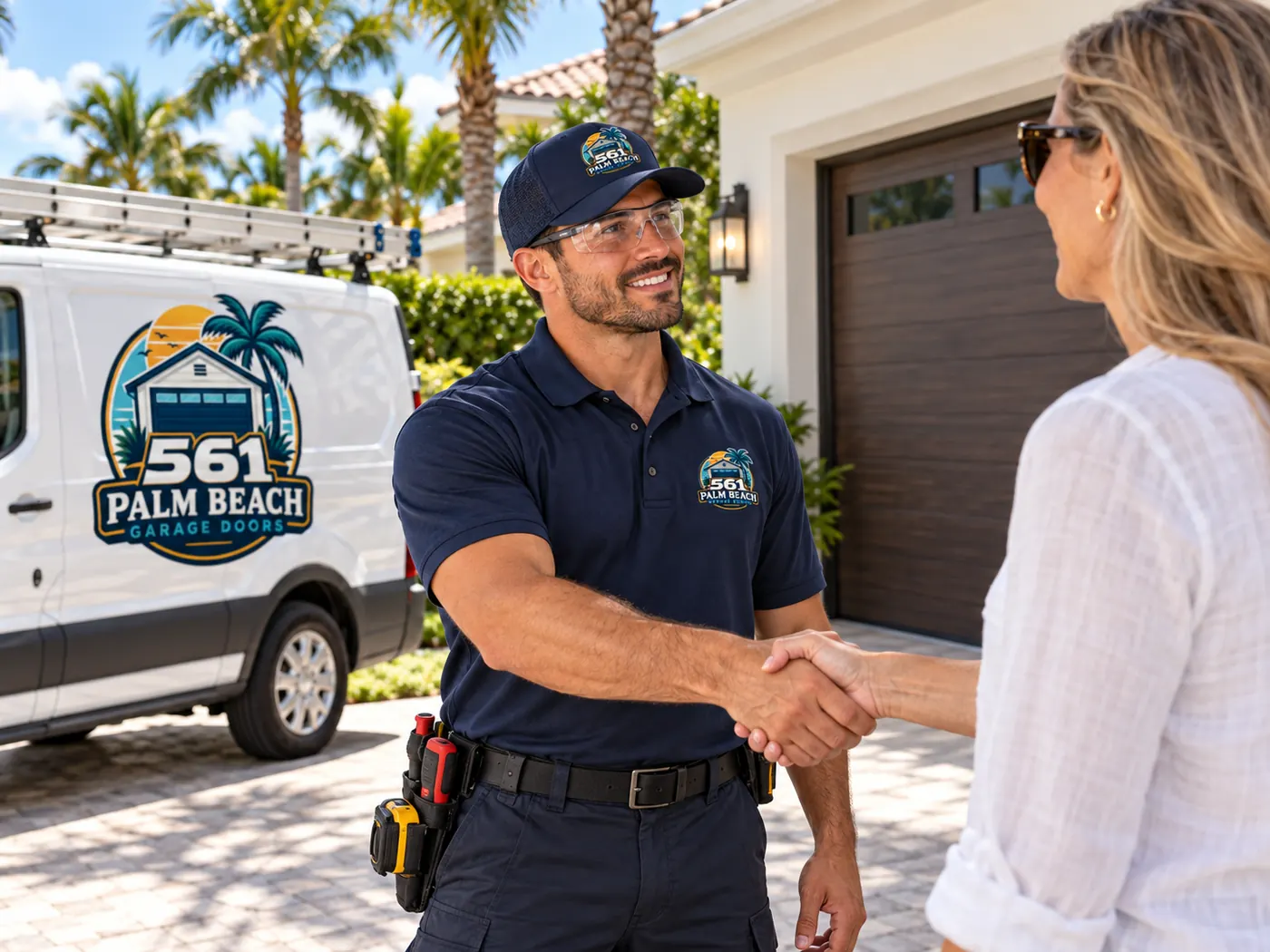 561 Palm Beach Garage Doors technician shaking hands with a homeowner in front of the company van